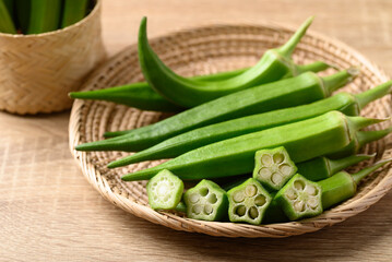 Green okra or ladies fingers (Edible green seed pods), Organic vegetables from local farmer market