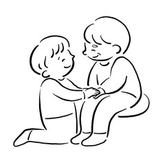 孫とおばあちゃんが寄り添うイラスト素材　線画