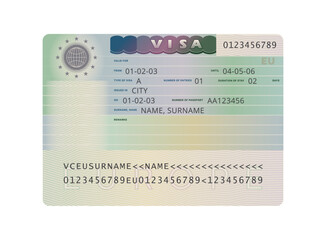 Europe tourist schengen visa sticker template isolated on a white background. Travel visa document. Vector illustration. European Union