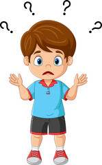 Surprised little boy about question mark over head
