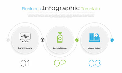 Set line Heart rate, Antibacterial soap and Hospital building. Business infographic template. Vector