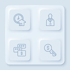 Set line Time is money, Realtor, Price negotiation and Rent key. White square button. Vector