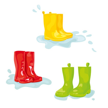 Set of colorful rubber boots in puddle of water. Vector illustration