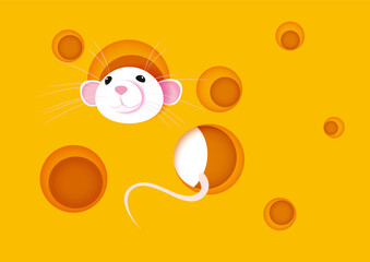 white mouse peeking out of a hole in the cheese. Vector illustration