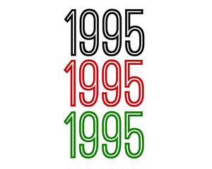 Year 1995 set black, blue and green outline. Vector with year and white background.