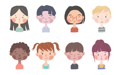 Hand-drawn cartoon children. Facial portraits. Boys and girls avatar.