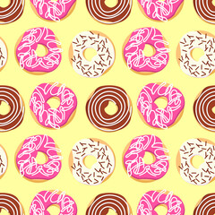 Pattern with delicious donuts. Vector illustration on a beige background. For menus and cafes, flyers, prints and packaging, shops and markets, holidays.
