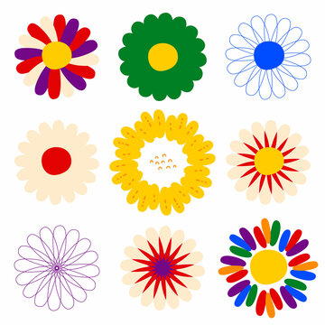 Retro collection daisies flowers in 1970 style. Hippie aesthetic set for logo, stickers and posters. Hand drawn isolated vector illustration for decor and design.