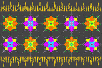 Ethnic geometric patterns blend seamlessly with nature. Designed for backgrounds, carpets, wallpaper, clothing, batik, fabrics and coloring books.