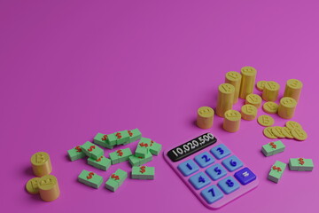 Calculator, bitcoin, us dollar stacked on pink background, 3d render illustration with soft lights.