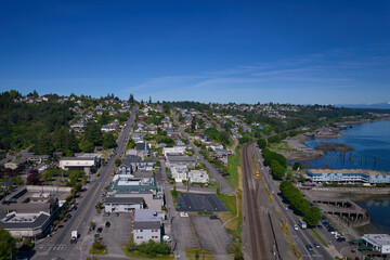 Drone view of Old Town Tacoma looking of Puget Sound.