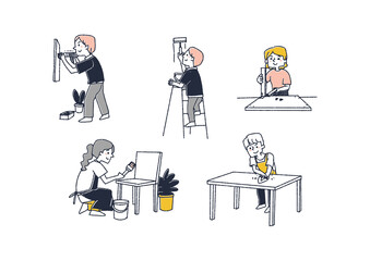 DIYで住居や家具をきれいに修繕する人々　コミカルな手書きの人物　ベクター、温かみのある線画