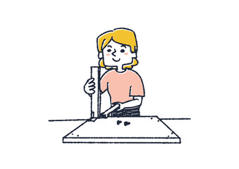 Obraz na płótnie Canvas スパナを使いテーブルの足をつける女性　DIYで住居や家具をきれいに修繕する人々