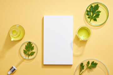 Top view of mugwort ( artemesia vulgaris ) decorated in petri dish glassware and beige background