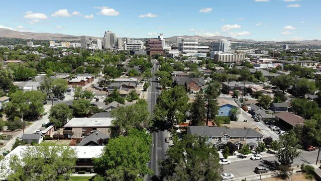 Aerial Drone Shot of Downtown Reno Nevada with Clear Blue Skies.