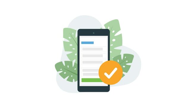 Form online submission, request cellphone mobile, check mark, decorated with leaves video animation.