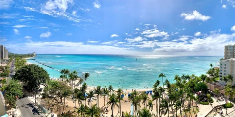 Fototapeten Panorama view of Waikiki beach with palm trees in Honolulu on Oahu, Hawaii © Ryan Tishken
