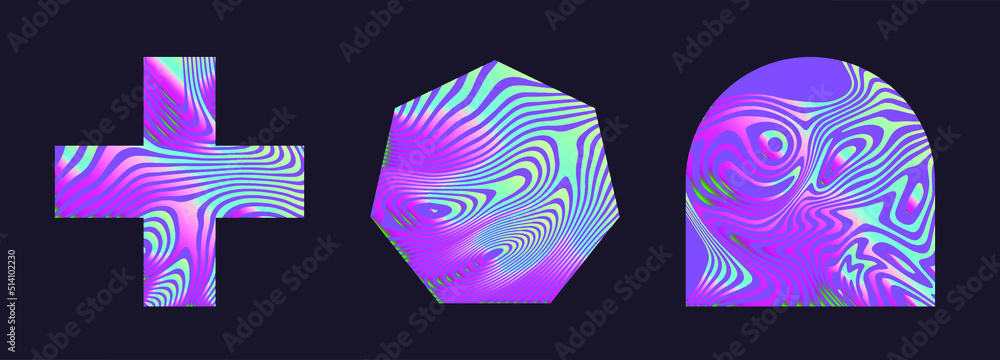 Poster set of holographic shapes on a dark background. elements for logotype design.