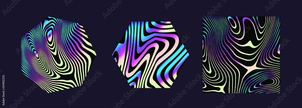 Poster set of holographic shapes on a dark background. elements for logotype design.