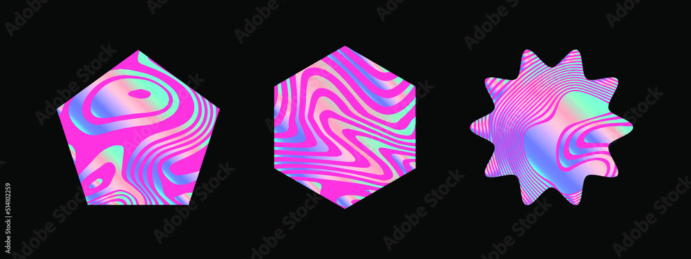 Poster Set of holographic shapes on a dark background. Elements for logotype design.