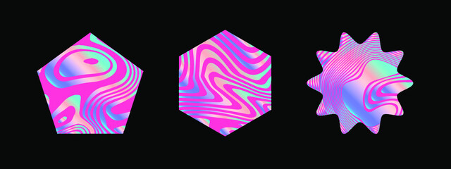 Set of holographic shapes on a dark background. Elements for logotype design.