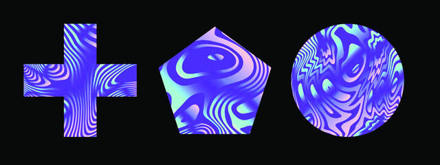 Set of holographic geometric shapes on a dark background.