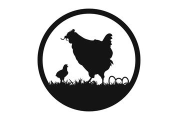 Chicken farm logo vector illustration. Livestock logo design. Poultry farm silhouette. Hen walking and eating worms with baby chicks, laying eggs in the grass.