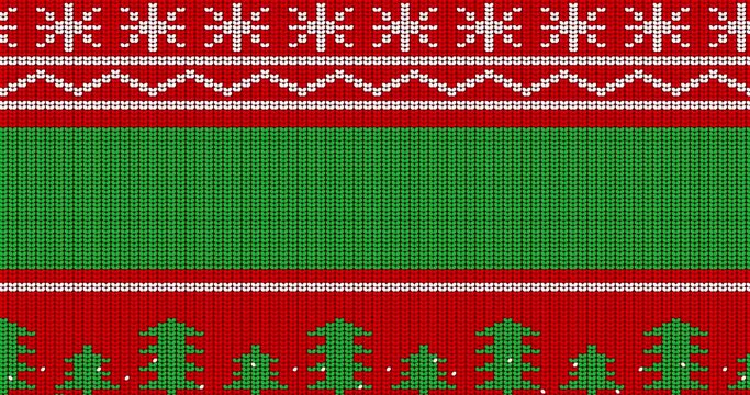 Christmas and New Year holidays season looping background ugly sweater animated video. Looping animation of Winter knitted sweater pattern in red, white and green with copy space.