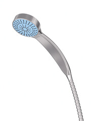 Shower head with metal hose and nozzle for water on white background. Isolated 3d illustration