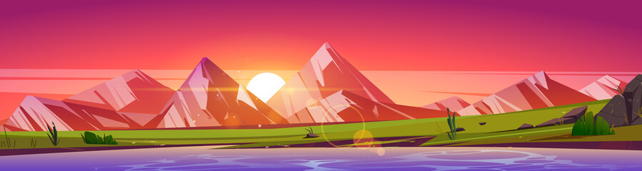 Summer landscape of mountain valley with lake or river at sunset. Vector cartoon illustration of panoramic nature scene with rocks, pond, green grass and sun in red sky on horizon