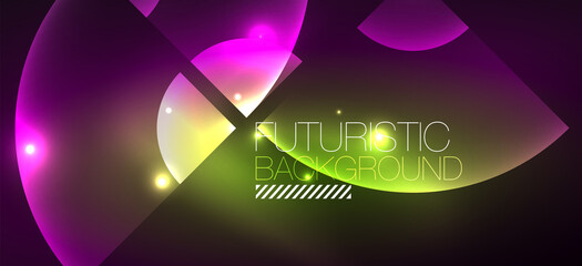 Abstract background with neon glowing light effects. Round shapes, triangles and circles. Wallpaper for concept of AI technology, blockchain, communication, 5G, science, business and technology