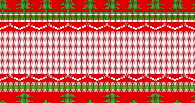 Christmas and New Year holidays season looping background ugly sweater animated video. Looping animation of Winter knitted sweater pattern in red, white and green with copy space.