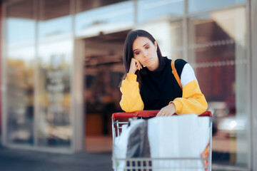 Sad Unhappy Supermarket Customer Feeling the Inflation Results. Stressed upset woman buying...