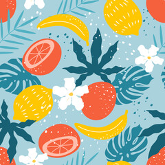 vector seamless summer pattern with tropical leaves, watermelons, oranges