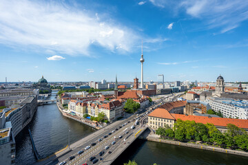View of Central Berlin with the famous TV Tower and the Spree river on a sunny day © elxeneize