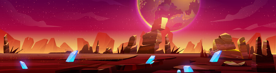 Mars landscape, alien planet sunset background, red desert surface with mountains, blue cristals and stars shine on pink sky. Martian space ground, scenery game backdrop, cartoon vector illustration © klyaksun