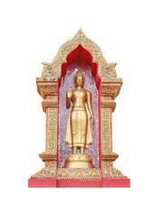 Gold standing buddha image with beautiful structure in temple  isolated on white background , clipping path