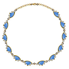 Jewelry design modern art fancy blue sapphire and diamond gold necklace. Hand drawing and painting on paper.