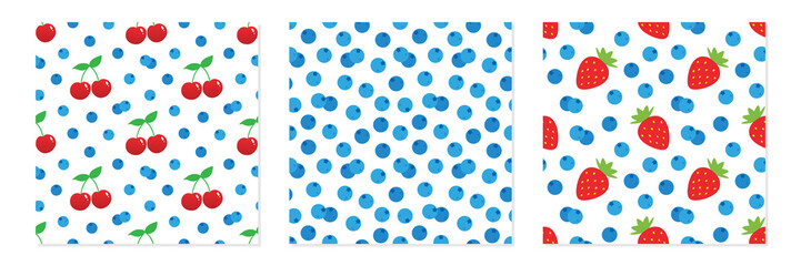 Set, collection of three vector seamless pattern backgrounds with blueberry, strawberry and cherry for food and nature design.
