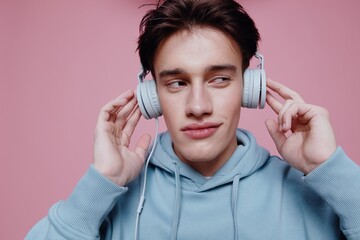 a nice, happy man in a blue hoodie stands on a pink background and listens to music with headphones holding them with his hand and squints his eyes with pleasure.