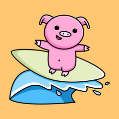 cute pig surfing on wave cartoon design