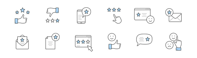 Rate icons set in doodle style, isolated vector rating and review linear signs. Star, envelope, smiling emoji, like thumb up and speech bubble. Positive or negative customer feedback, Line art symbols