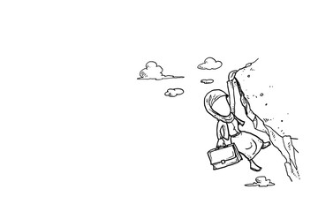 Asian muslim business woman struggle hanging on the edge of cliff. Concept of business risk. Cartoon vector illustration design
