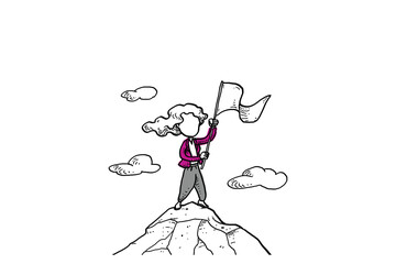 Business woman hold flag on top of mountain. Celebrating success. Character vector illustration design