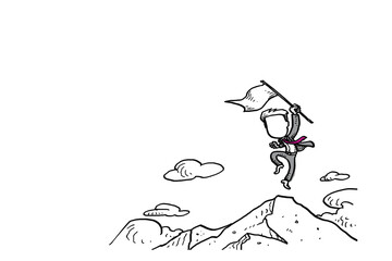 Businessman hold flag jumping on top of mountain. Goal achievement concept. Cartoon vector illustration design