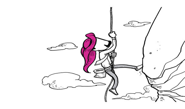 Caricature of arab business man climbing a cliff. Concept hard work and preserverance. Hand drawn vector illustration design