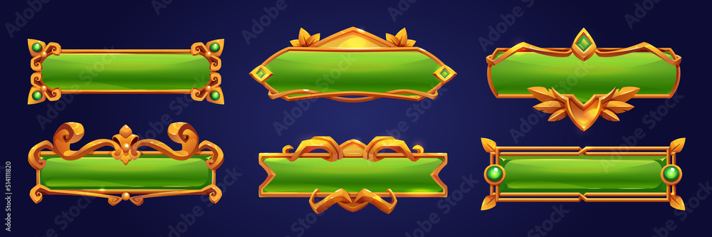 Aufkleber game buttons with gold frames in medieval style with gems. vector cartoon set of blank green rectang
