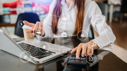Digital marketing media website ad,social network, SEO, mobile app in virtual screen.business hand working on laptop with digital layer business strategy ..