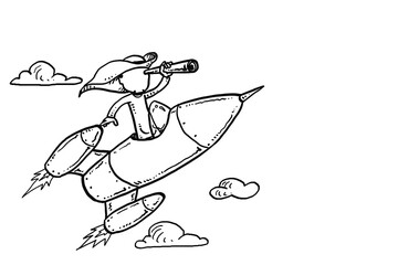 Arab entrepreneur on open rocket using telescope searching future business opportunity. Startup vision concept. Hand drawn vector illustration design