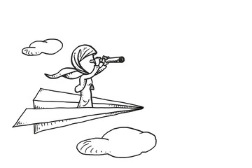 Asian muslim business woman on paper plane using telescope. Concept of vision, mission, objective and goal. Cartoon vector illustration design